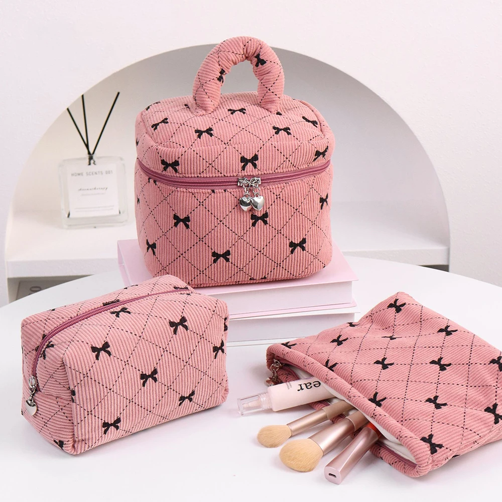 

Fashion Bow Women Corduroy Makeup Storage Bag Large Capacity Travel Organizer Cosmetic Pouch Small Handbag Zipper Clutch Bag