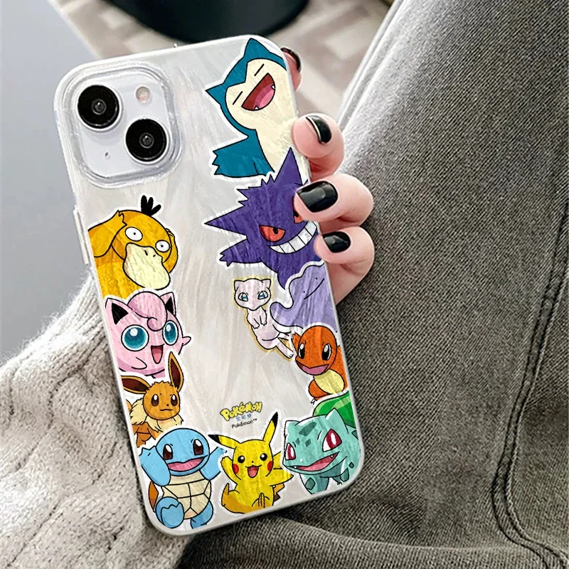 Pokemons Pika Family Phone Case for iPhone 16 15 14 Plus 13 12 11 Pro Max X Xs XR 8 7 Feather Texture Hard Cover