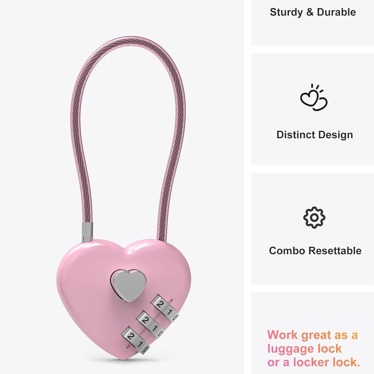 Pink Heart-Shaped 3-Digit Combination Cable Lock – Portable Steel Wire Padlock for Luggage, Locker– Cute Love Lock for Gifts