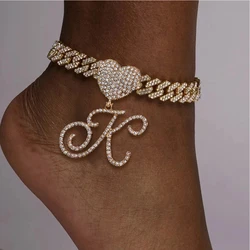 Fashion A-Z Cursive Initial Letter Cuban Anklets Bracelet For Women 14mm Iced Out Rhinestone Link Chain Anklet Hip Hop Jewelry