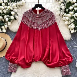 Basics Embroidered Beads Sequin Fashion Casual Batwing Long Sleeves Loose Satin Top French Office Lady High Street Women Blouse