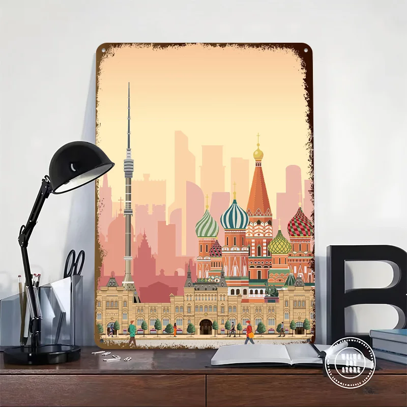 Moscow Travel Print Printed Poster Customized Retro Wall Art Vintage Metal Tin Signs for Home Living Room Decoration Gaming Cozy
