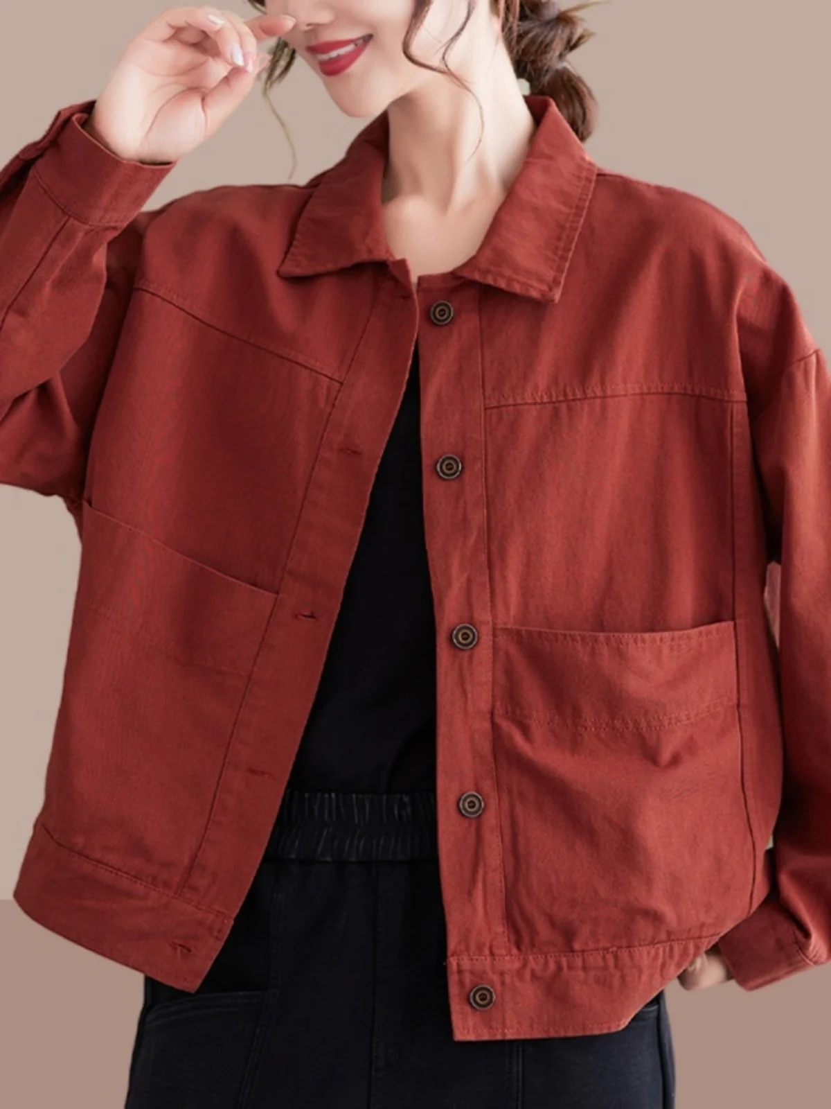 Trendy Pure Cotton Short Jacket Women's Loose Casual Top Spring Autumn New Style Commute Style Long Sleeve  Collar Button