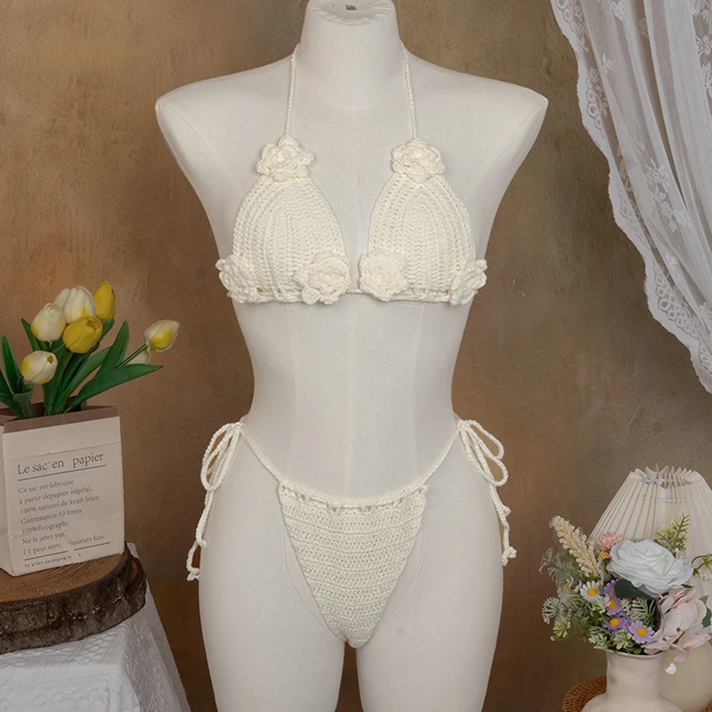 

Женский сексуальный комплект бикини ручной вязки с трехмерным цветком, комплект из двух предметов, купальник с веревкой, летняя праздничная пляжная одежда