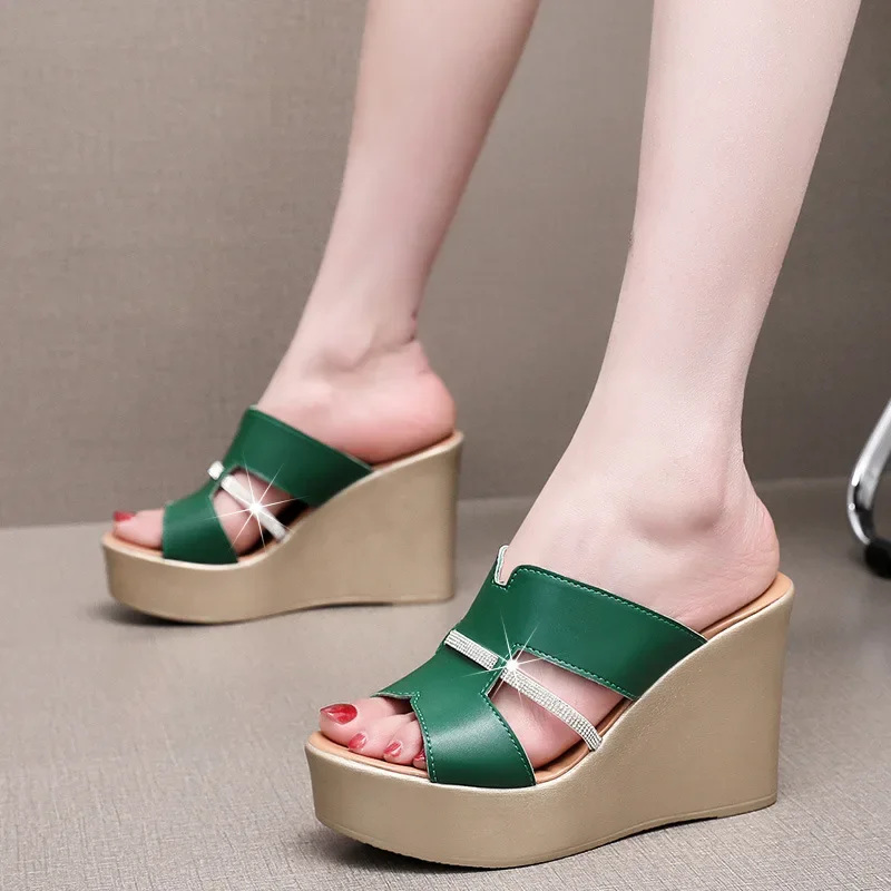 

Genuine Leather Sexy Wedges Heeled Summer Slippers Ladies Shoes Peep Toe Women's Slipper Female Platform Crystal Sandals 33-43