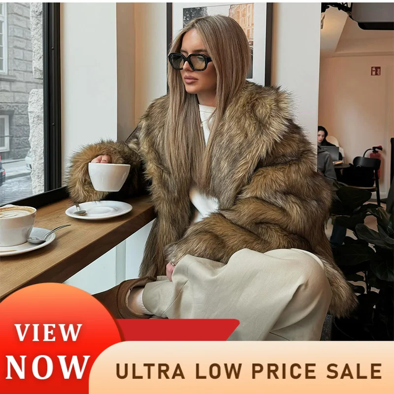 Luxury Brown Women's Fluffy Faux Fur Warm Short Coat Chic Lapel Collar Long Sleeve Furry Jacket Winter 2024 Lady High Streetwear