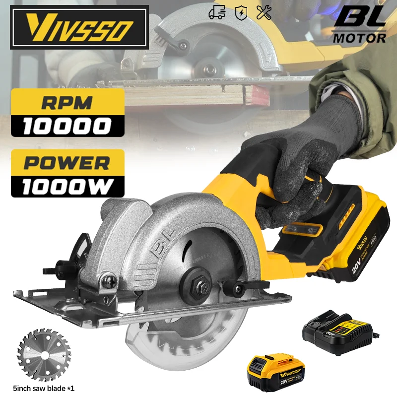 VIVSSO Woodworking Saw 5 Inch Brushless Circular Saw Cordless Wood Cutter 45 Degree Cutting Wood For Dewalt 20V Battery Pins