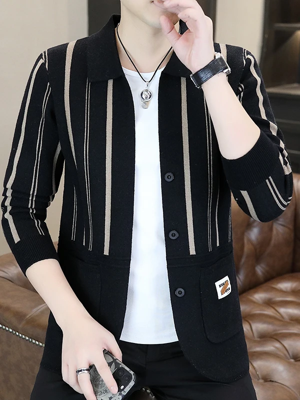 

Мужской вязаный кардиган на весну-осень с тонким воротником, в полоску, с лоскутным узором, повседневный, из смесового полиэстера, с длинными рукавами