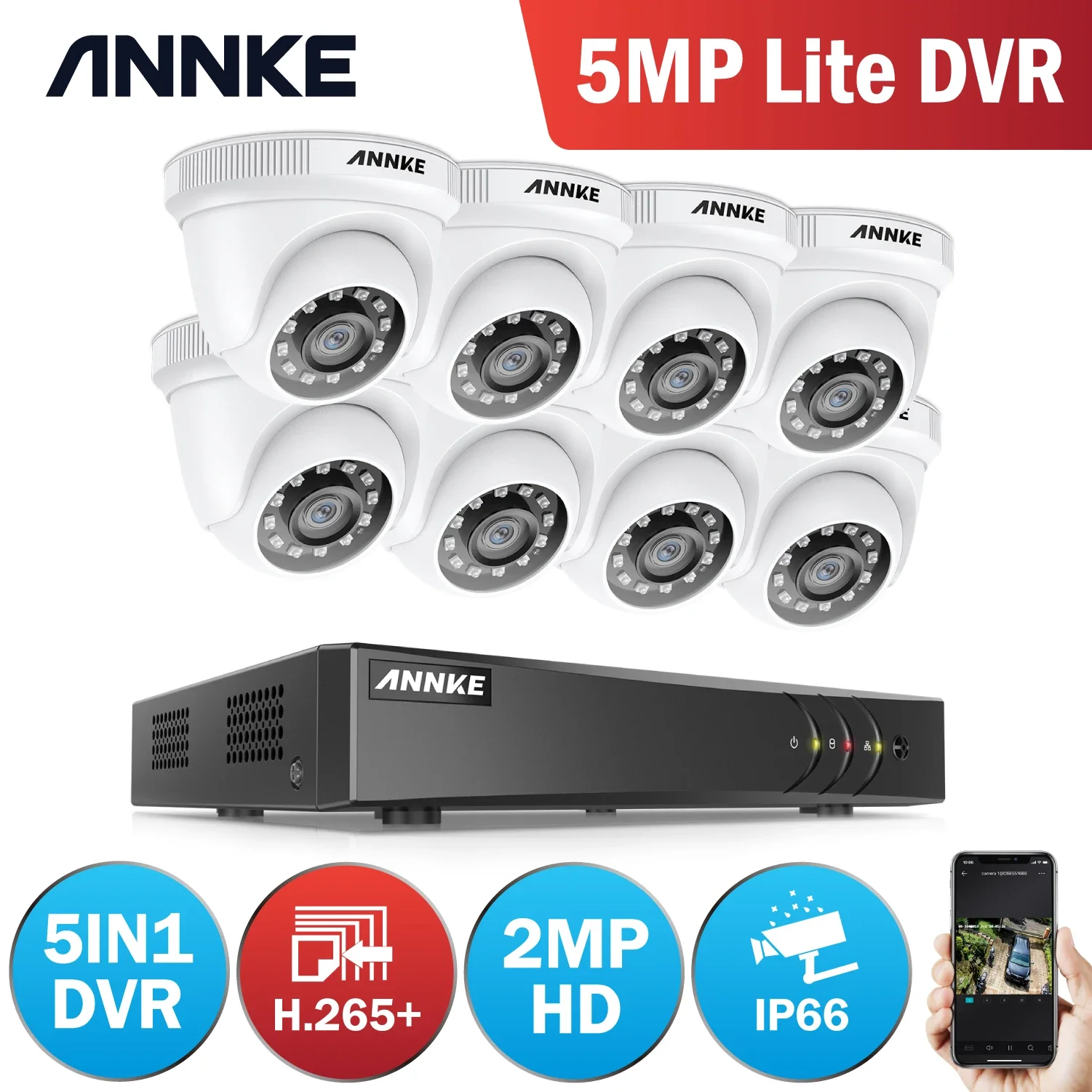 ระบบกล้องวงจรปิด ANNKE 8 ช่อง 5 H.265+, พร้อมระบบตรวจจับมนุษย์และยานพาหนะด้วย AI (DVR) กล้องวงจรปิดแบบโดม 2 ล้านพิกเซล TVI IR IP66
