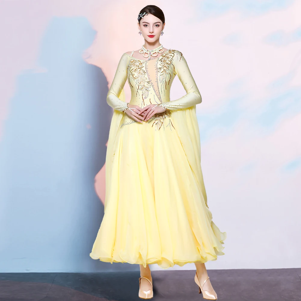 Hellgelbes Walzerkleid, hochwertiges modernes Tanzband, Gesellschaftstanz, neue Wettbewerbsgruppe, Kleidung, Sling-Kleid