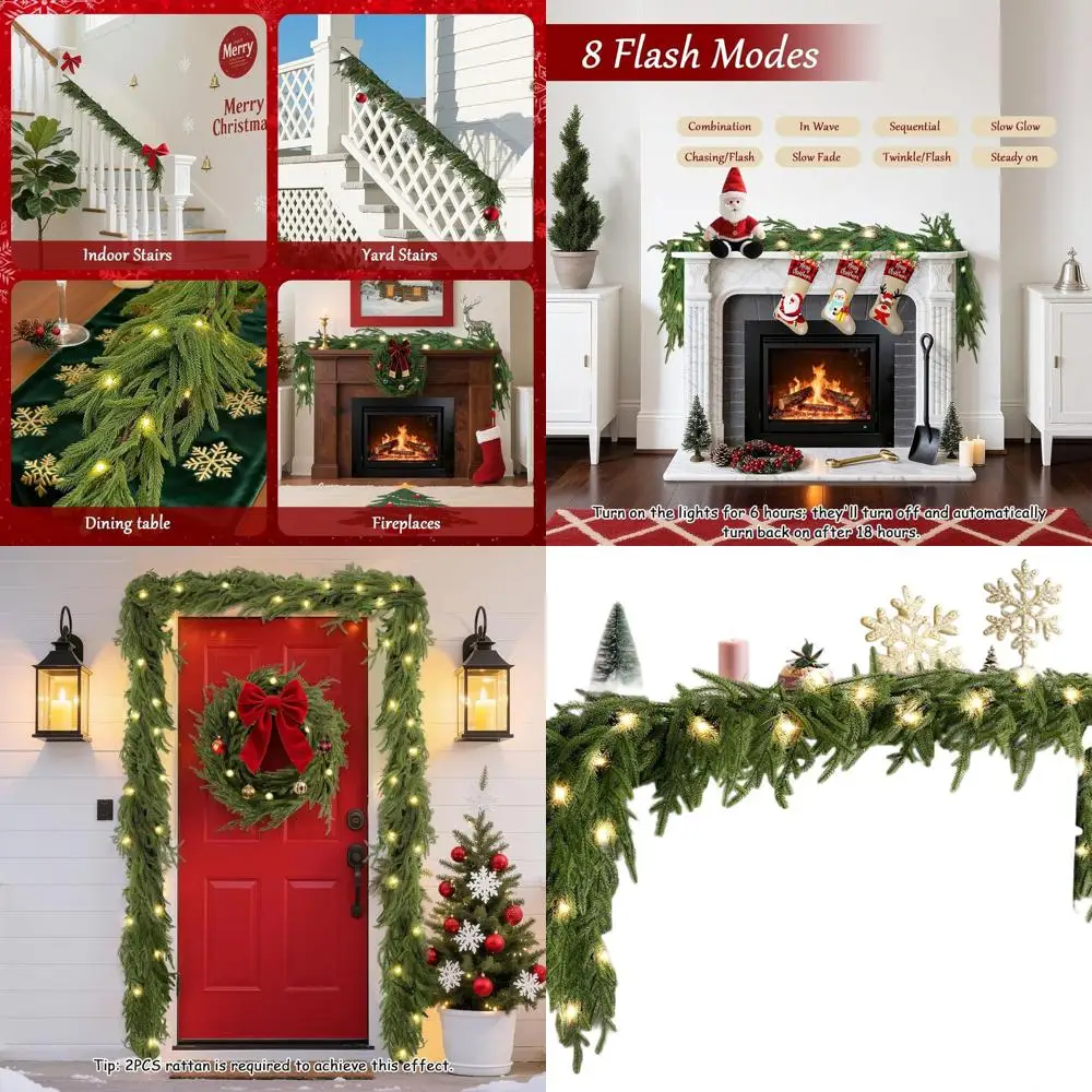 

8-Style Flashing LED Christmas Garland, 12FT Artificial Norfolk Ivy for Indoor/Outdoor, Ideal for Table, Fireplace, Stairs (6FT