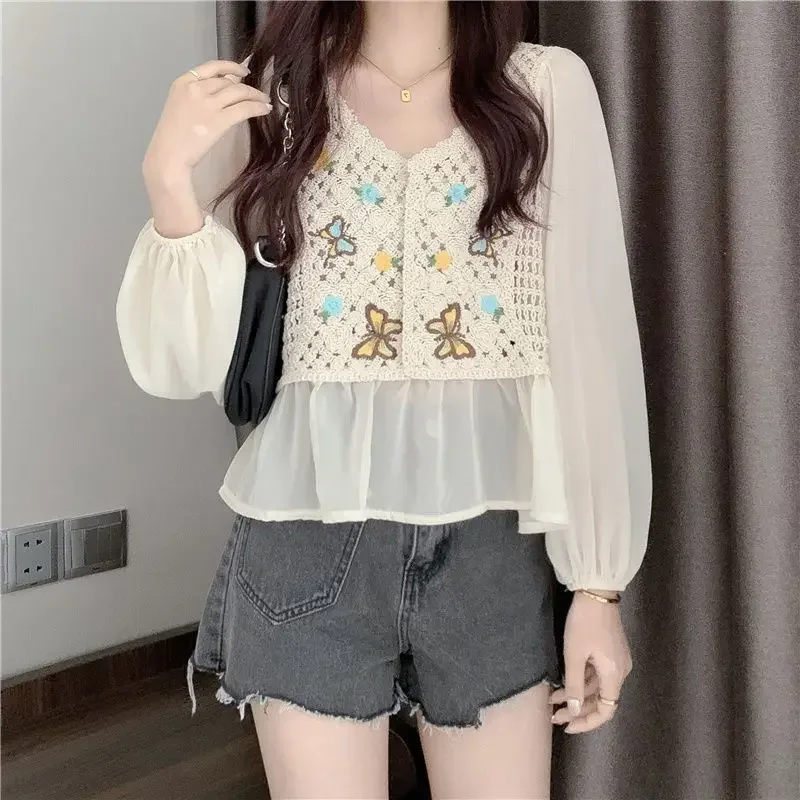 V-neck Shirt Long Sleeve Retro Chiffon Shirt Women Crop Tops Korean Fashion Jacket Summer Autumn Embroidery Crochet Streetwear