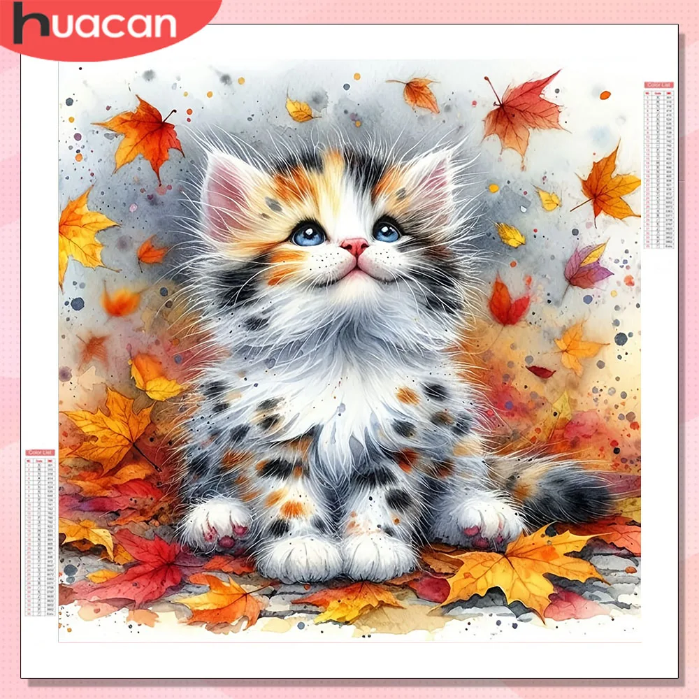 HUACAN Diamant-Malereien Katze Tier Diamant-Mosaik-Sets Blatt Herbst Komplettset Wohnzimmer Kunsthandwerk
