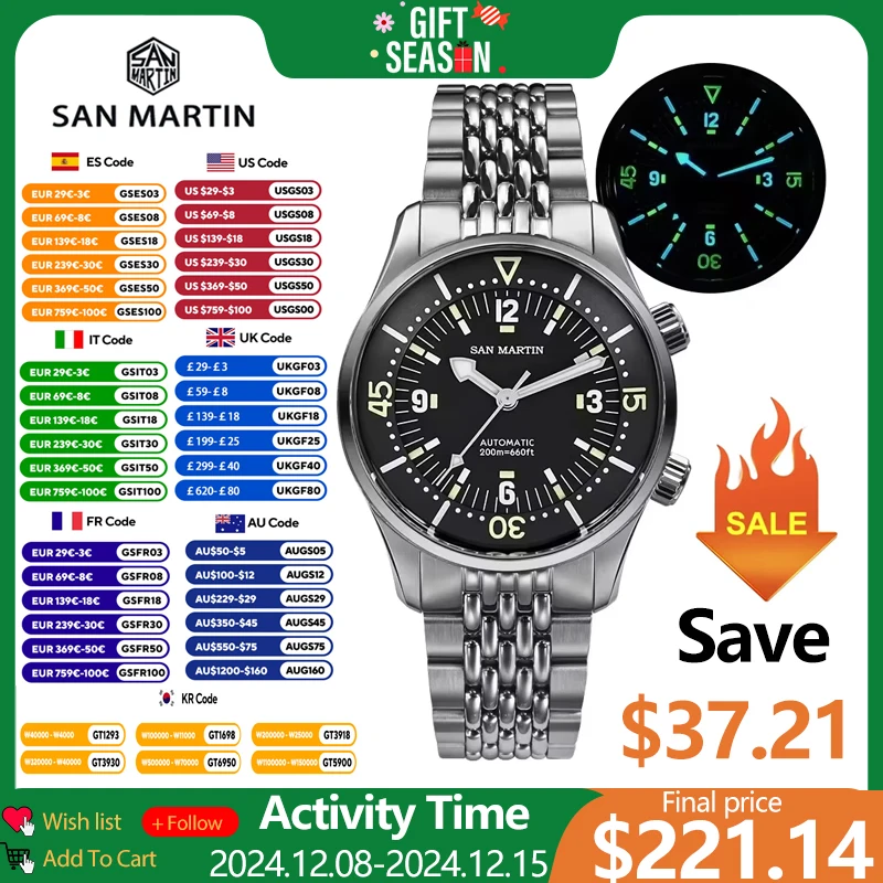 San Martin 39mm Leyenda Diver Watch NH35 Automatic Mechanical Movement AR Sapphire Luminous Waterproof 200m Watches SN0141W