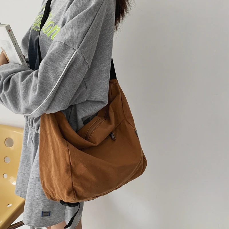 Leisure Canvas Shoulder Bag For Women Simple Solid Color Large Capacity Crossbody Bag Tote Female College Student Travel Bookbag
