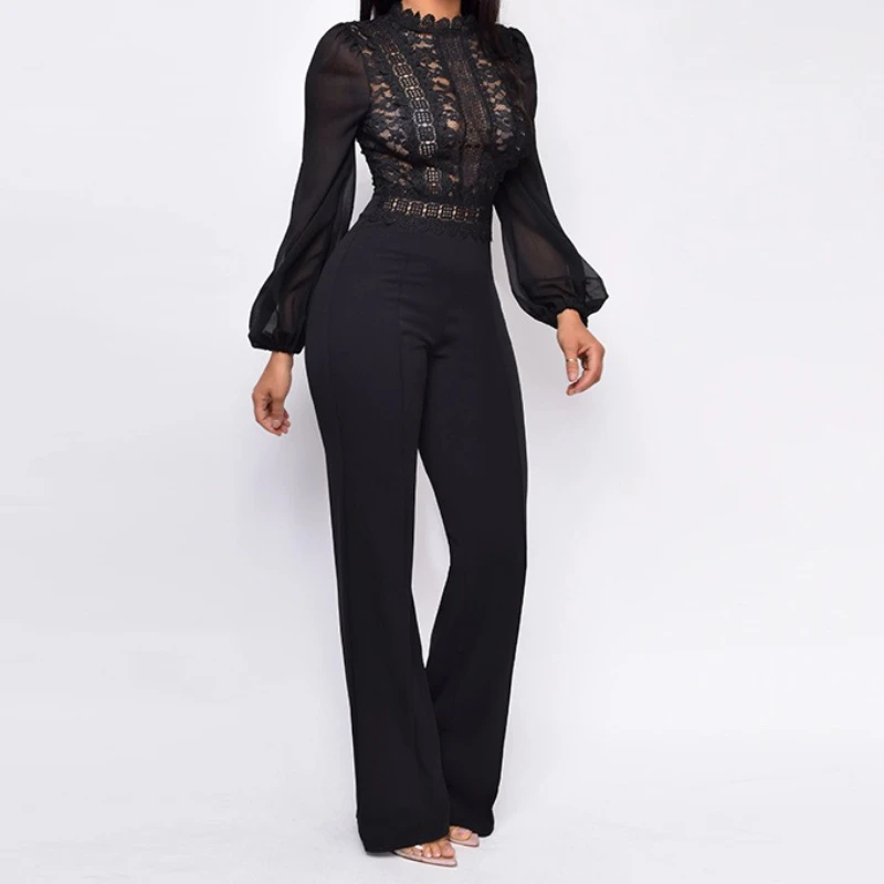 

Women Jumpsuits Lace Trim Rompers Long Sleeves Stand Collar Top High Waist Wide Leg Pants Straight Casual 2025 Spring Summer