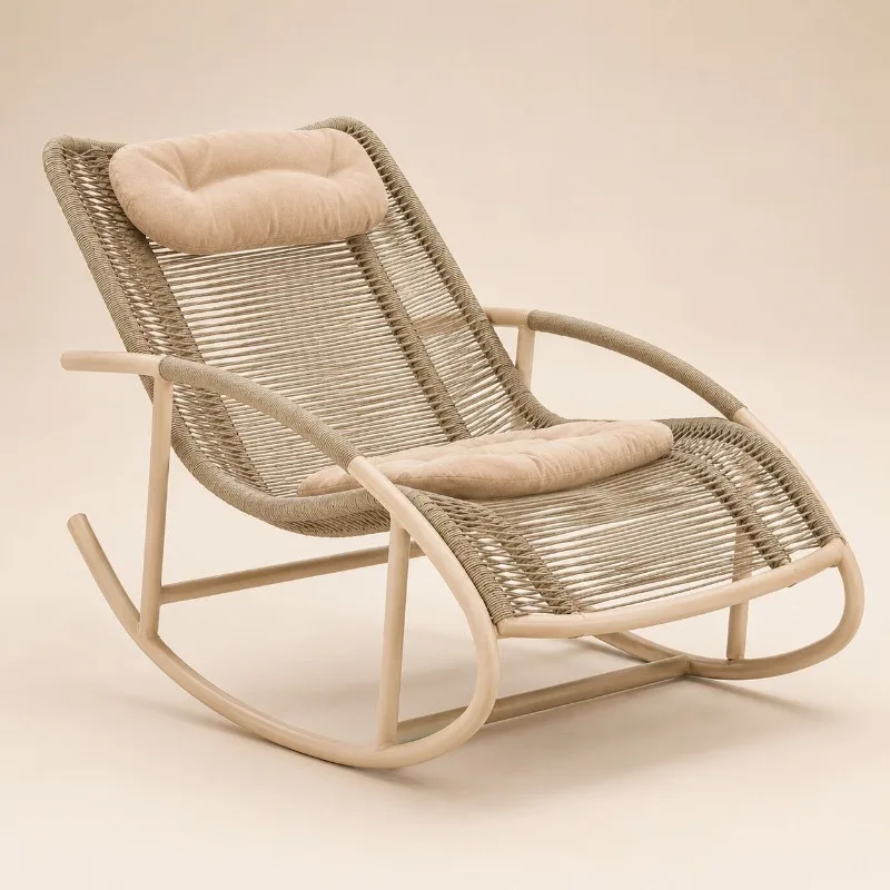 Green rattan rocking chair, balcony can be reclined for lunch break, outdoor recliner with cushion