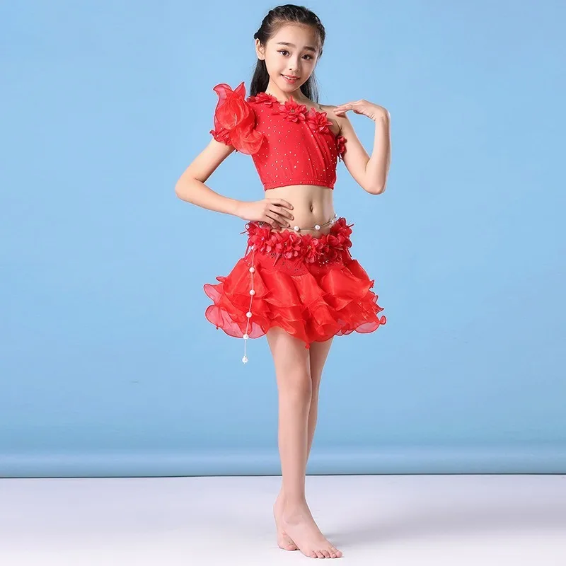 Trajes de dança do ventre personalizados, vestido de performance infantil, saia bufante sem ombros, vestido de prática, conjunto de dança do ventre para meninas