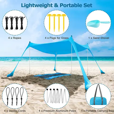 Portable Beach Shade with 4 Aluminum Poles Sandbags UV Protection Sun Shelter for Camping Tent Beach Umbrella Accessories