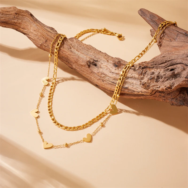 Edelstahl Minimalistische Herzförmige Doppelschichtige Halskette für Mädchen Neue Exquisite Liebes-Goldfarben-Kette Halsschmuck Geschenk