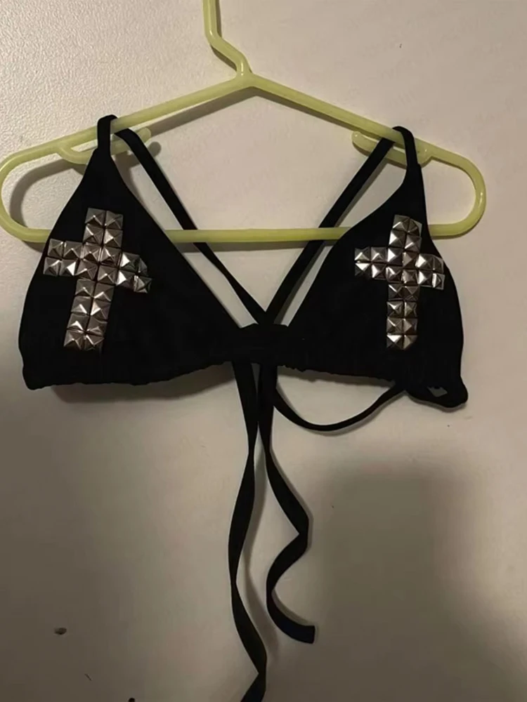 

Y2K swimsuit lace up punk girl spicy girl retro new beach swimsuit gothic hot brick print garbage rock swimsuit women's bikini