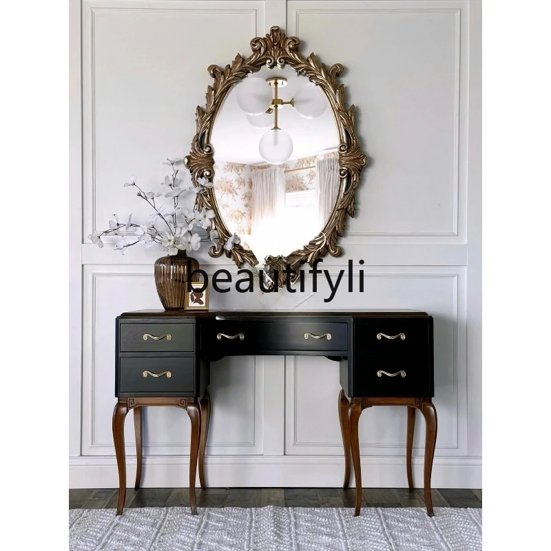 

French Retro Black Solid Wood Dressing Table Modern Simple Bedroom Storage Makeup Mirror Furniture Customization