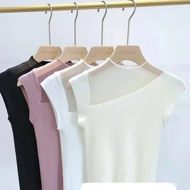 女性のためのノースリーブニットTシャツ,気質デザインのアンダーシャツ,キャミソール,サマーウェア,ショートトップ,Tシャツ