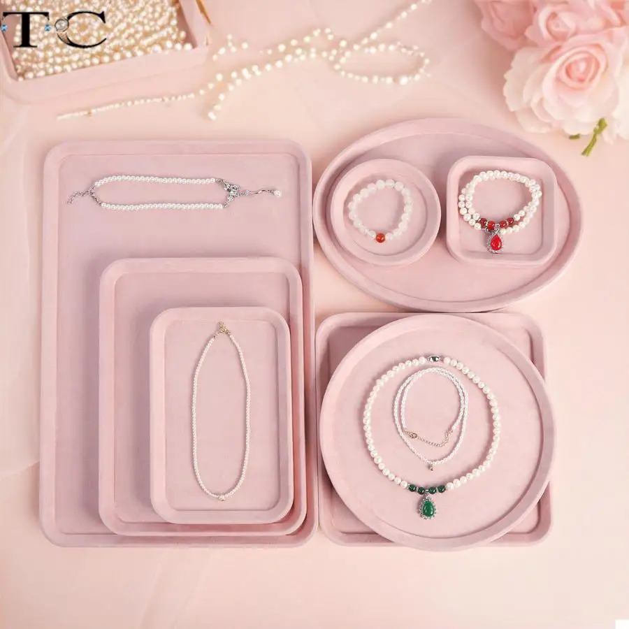 Pink Fabric Jewelry Storage Tray Multi-Shaped and Multi-Sized Jewelry Trays for Countertop Jewelry Display
