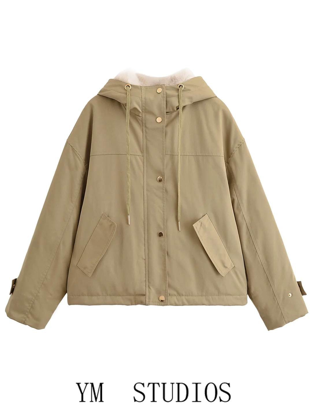 

Women's American Khaki Fur Collar Hooded Jacket Warm Workwear Coat Long Sleeve Street Style Zipper Closure Winter Outerwear