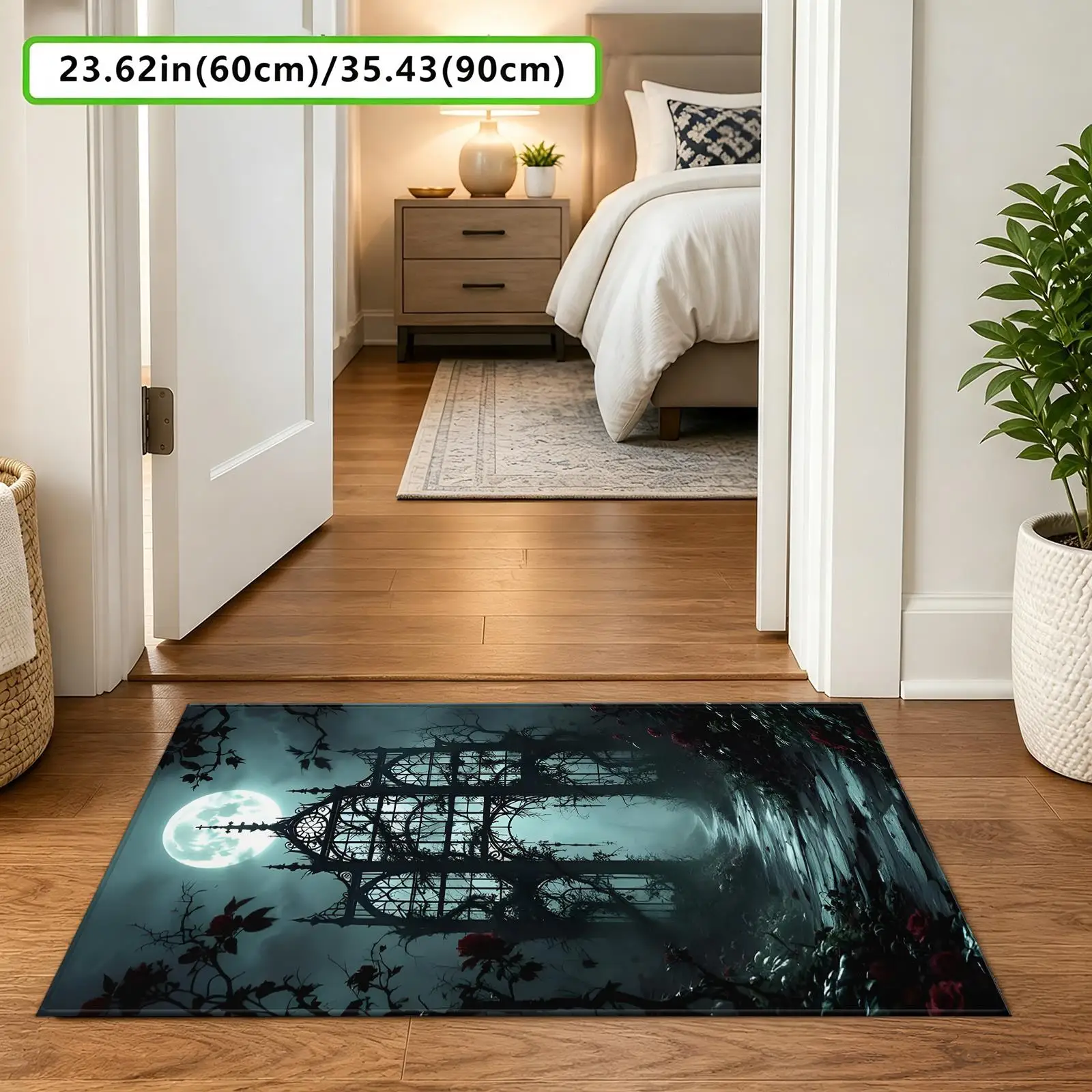 1pc Gothic Moon Rose Abandoned Greenhouse Area Rug, 2D Flat Print, Indoor Floor Mat for Living Room, Dark Home Decor