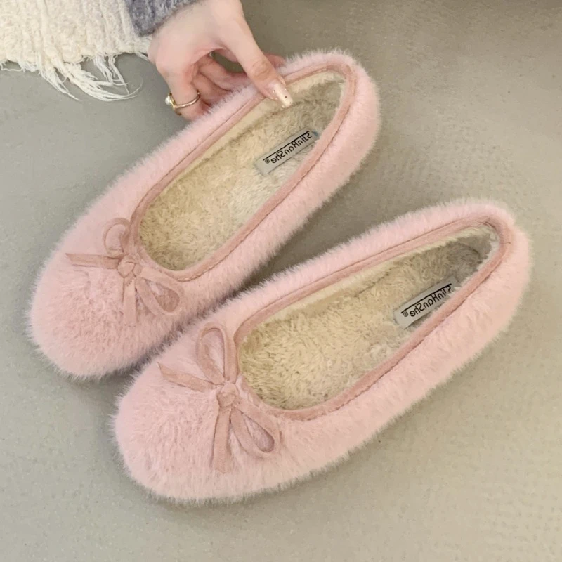 

Sweet Pink Bow Decoration Low Heel Pumps Women Winter Warm Plush Designer Flats Comfortable Round Toe Soft Sole Mary Jane Shoes