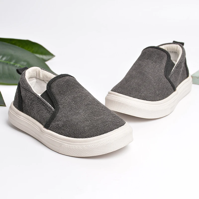 Unisex Kids Outdoor Slip-on Black Flat Canvas Rubber Sneakers Toddlers Good Quality Walking Running Shoes E8205