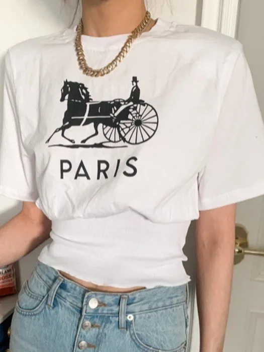 

Ins Design Cartoon Letter Print ort Sve T-irt Summer New Sle Versatile Personali Waist-Cinching ort Length Top