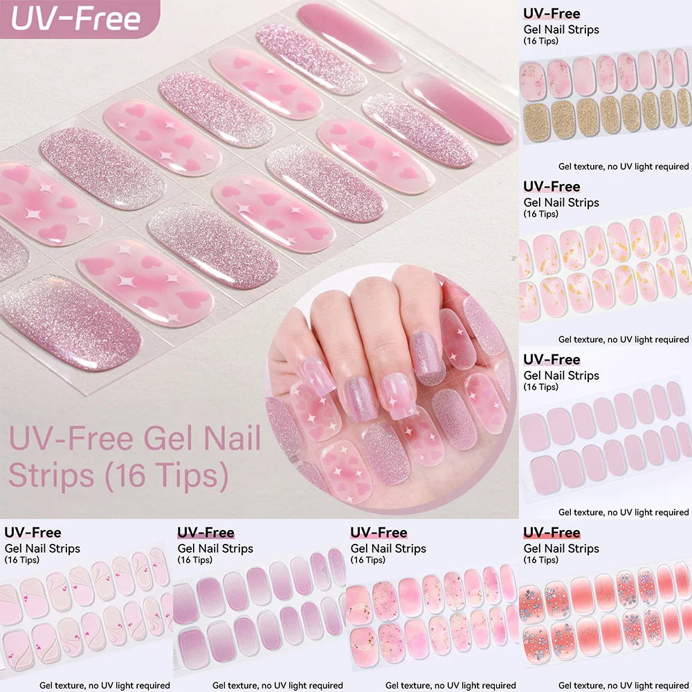 16Tips Pink & Burgundy Nail Stickers No Bake Self-Adhesive Nail Art Decals Easy Application Professional Manicure Tools for Home