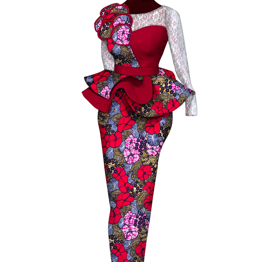 Conjuntos de falda africana, traje de mujer, faldas y Tops largos y rectos con decoración de encaje, ropa tradicional africana Bazin Riche WY6195