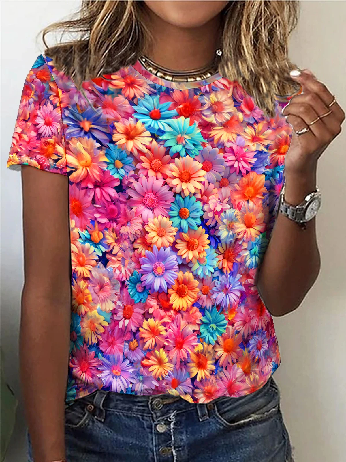 Femmes Streetwear Harajuku Décontracté Mode Y2k Manches Courtes T-shirt O-cou T-shirts Hauts Vêtements D'été Fleur Oiseau Impression 3D T-shirts