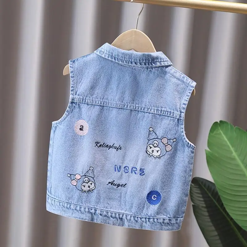 

Anime Hello Kitty Girls Spring and Autumn Denim Vest New Cartoon Jacket Children Fashion Lapel Jacket Outdoor Girls Clothes