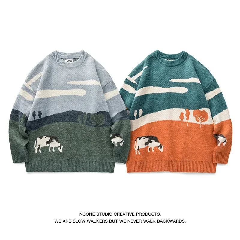 Spring Autumn Men's Fun Cow Fresh Sweaters Knitting Pullovers Round Neck Knitted Sweater Warm Male Slim Fit Casual Sweater