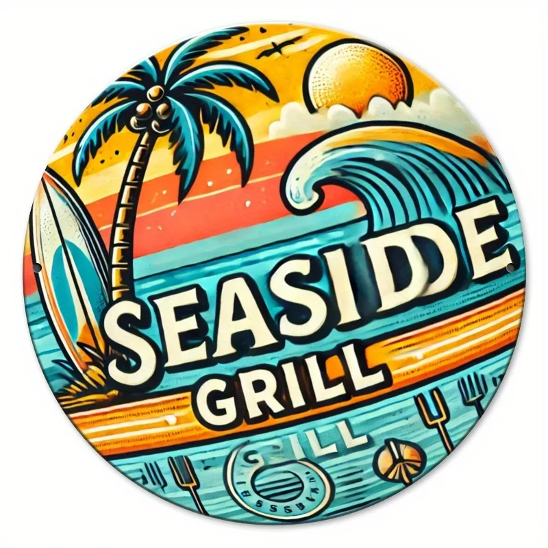 2D Flat, 1pc Vintage Seaside Grill Metal Tin Sign  Round Durable Iron Wall Decor with Palm Trees, Surfboards & Sunset Design