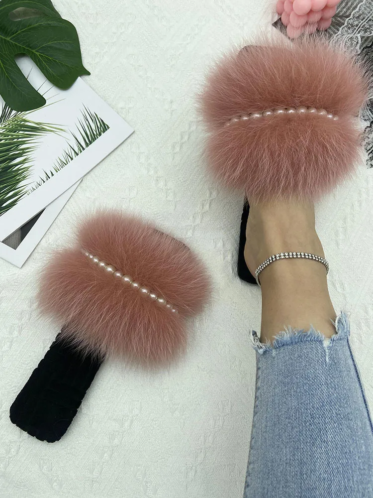 Woman Pearl Chain Flannel Flats Slippers Ladies 100% Natural Raccoon Fur Slides Fluffy Female Luxury Fox Fur Flip Flops Sandals