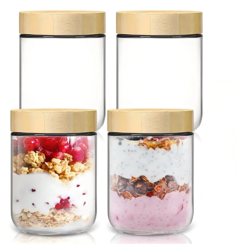 Paquete de 4 Recipientes de Vidrio de 16 oz para Avena Nocturna con Tapas de Bambú, Frascos de Vidrio con Tapas Herméticas para Preparación de Comidas, Frascos de Boca Ancha para Ensaladas