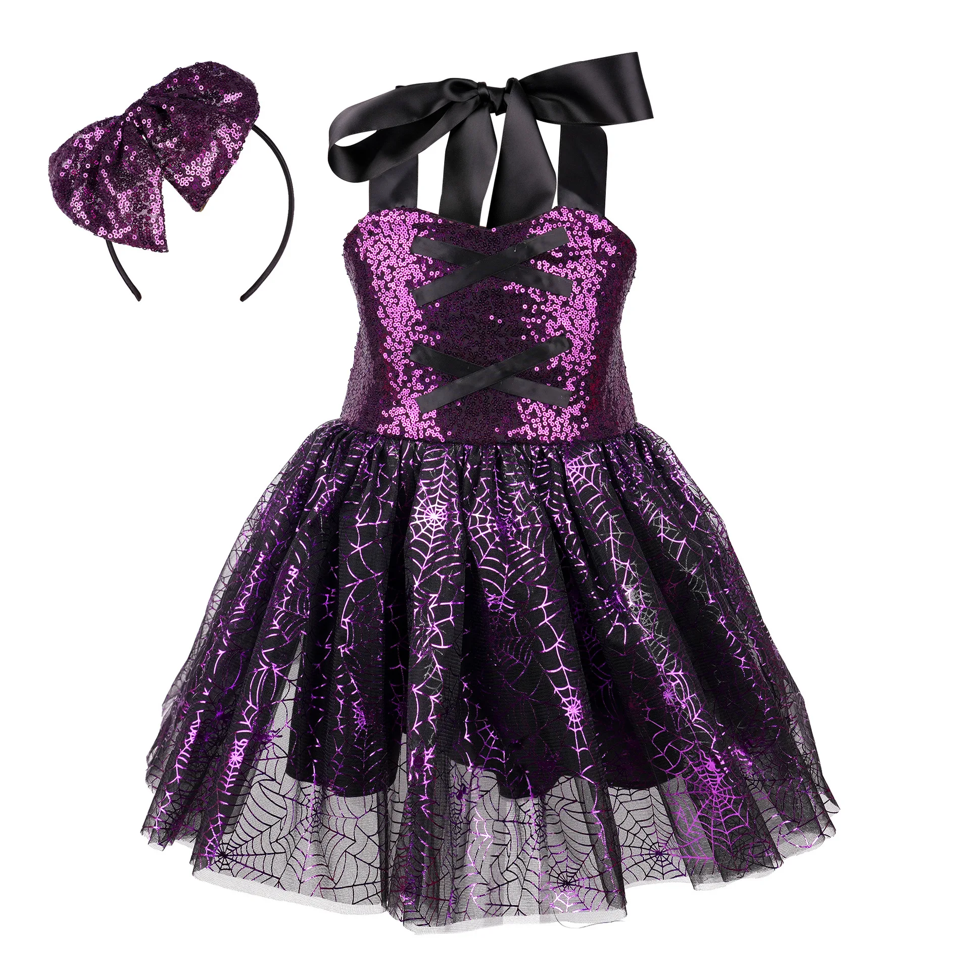 Girls Witch Fairy Tale Fancy Dress Sparkly Kids Evil Shining Queen Children Dress Halloween Cosplay Costumes Villain Clothes