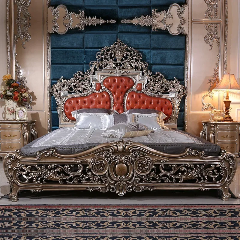 

French-style furniture, European-style solid wood leather, neoclassical court double, high-grade two-meter wedding bed