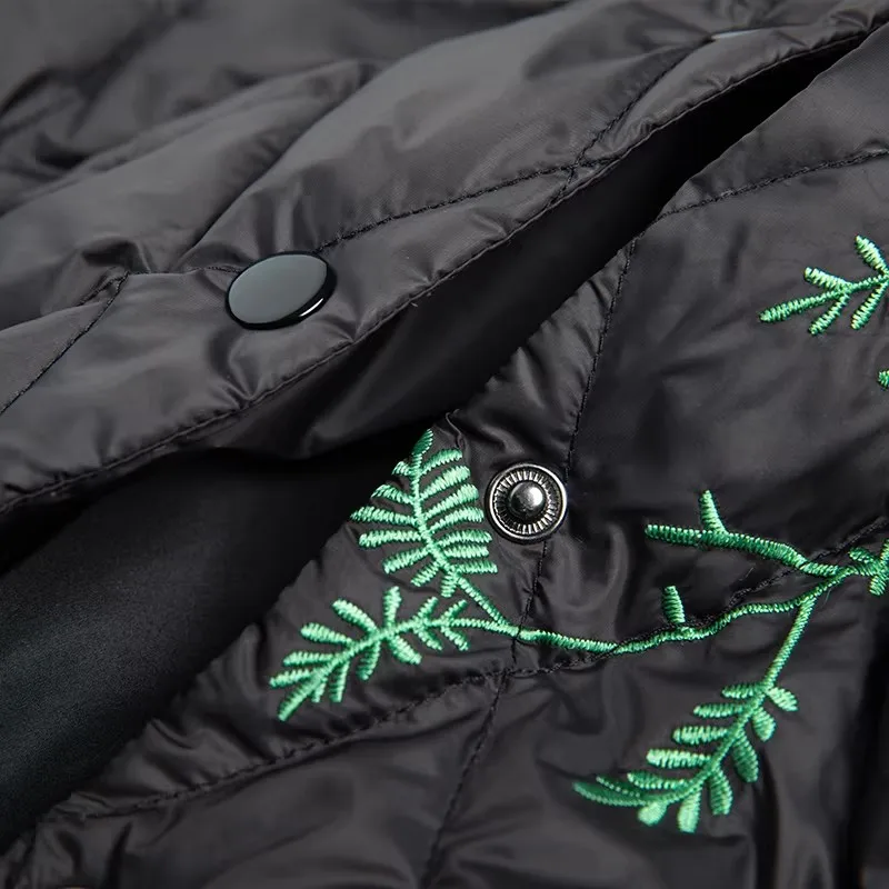 Damskie kurtki puchowe z kołnierzem, czarne, haftowane, ultracienkie, ciepłe, lekkie, z puchu kaczego, eleganckie, codzienne.