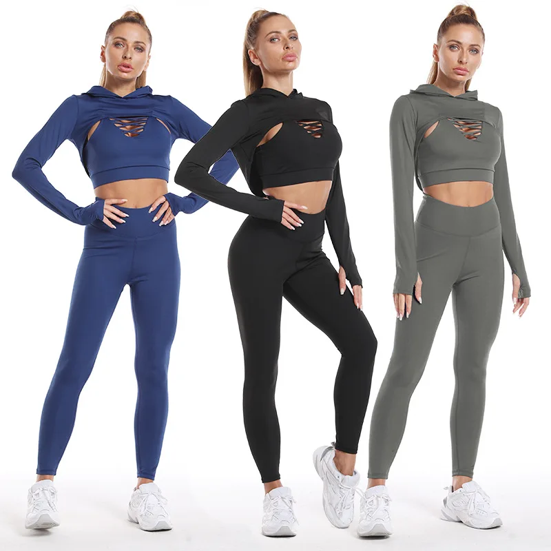 2026 3PCS Hooded Top Yoga Set with Sexy Back Bras Women's Fitness High Waist Tight Sportswear Gym Tight Yoga Suit