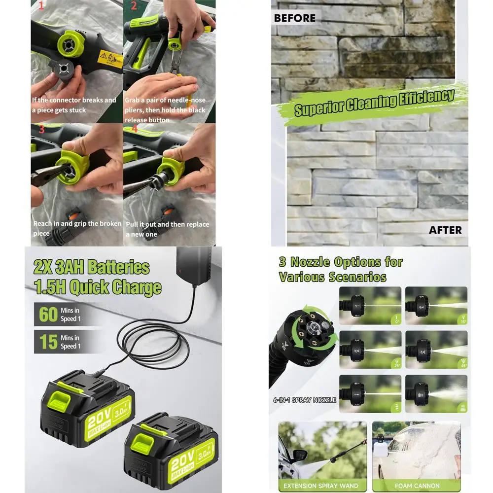 

Беспроводная мойка высокого давления 1200PSI с насадкой 6-в-1, сенсорным ЖК-экраном для автомобиля, дома и сада