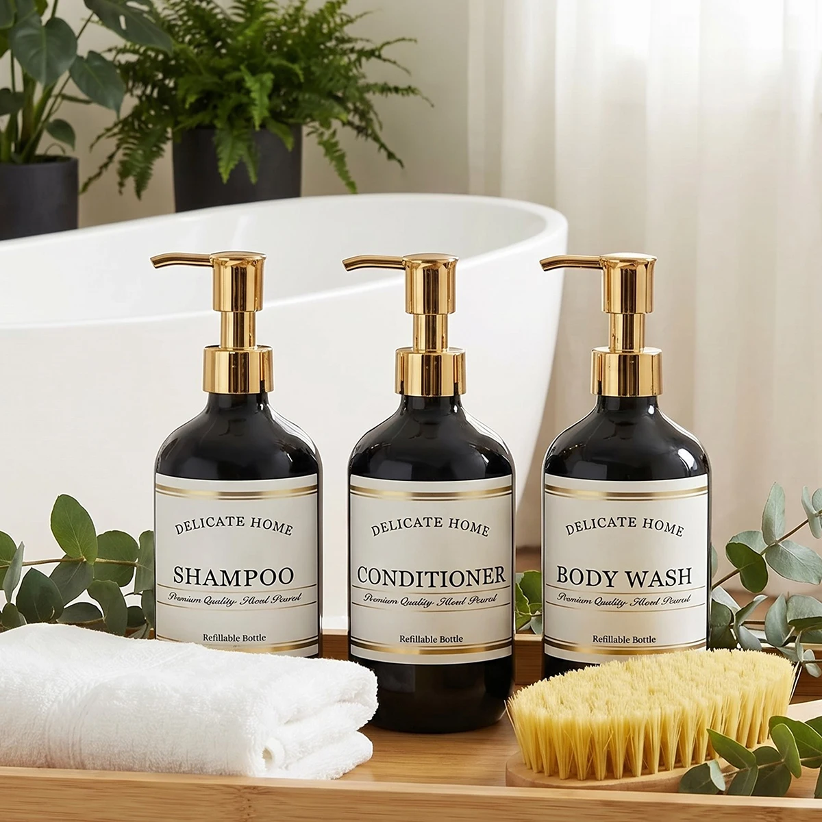 Conjunto de Frascos Recarregáveis Pretos para Banho, Pacote com 3 Frascos Plásticos com Bomba de 16,9oz, Dispensadores para Shampoo, Condicionador e Sabonete Líquido