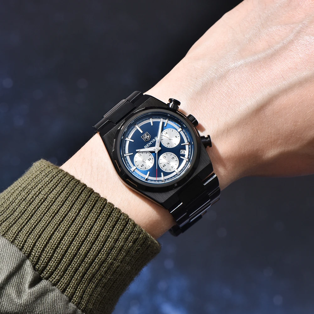 BENYAR New Watches Men Quartz fashion Brand Chronograph Male Sport Black Watches Waterproof Stainless Steel business Watch 2024