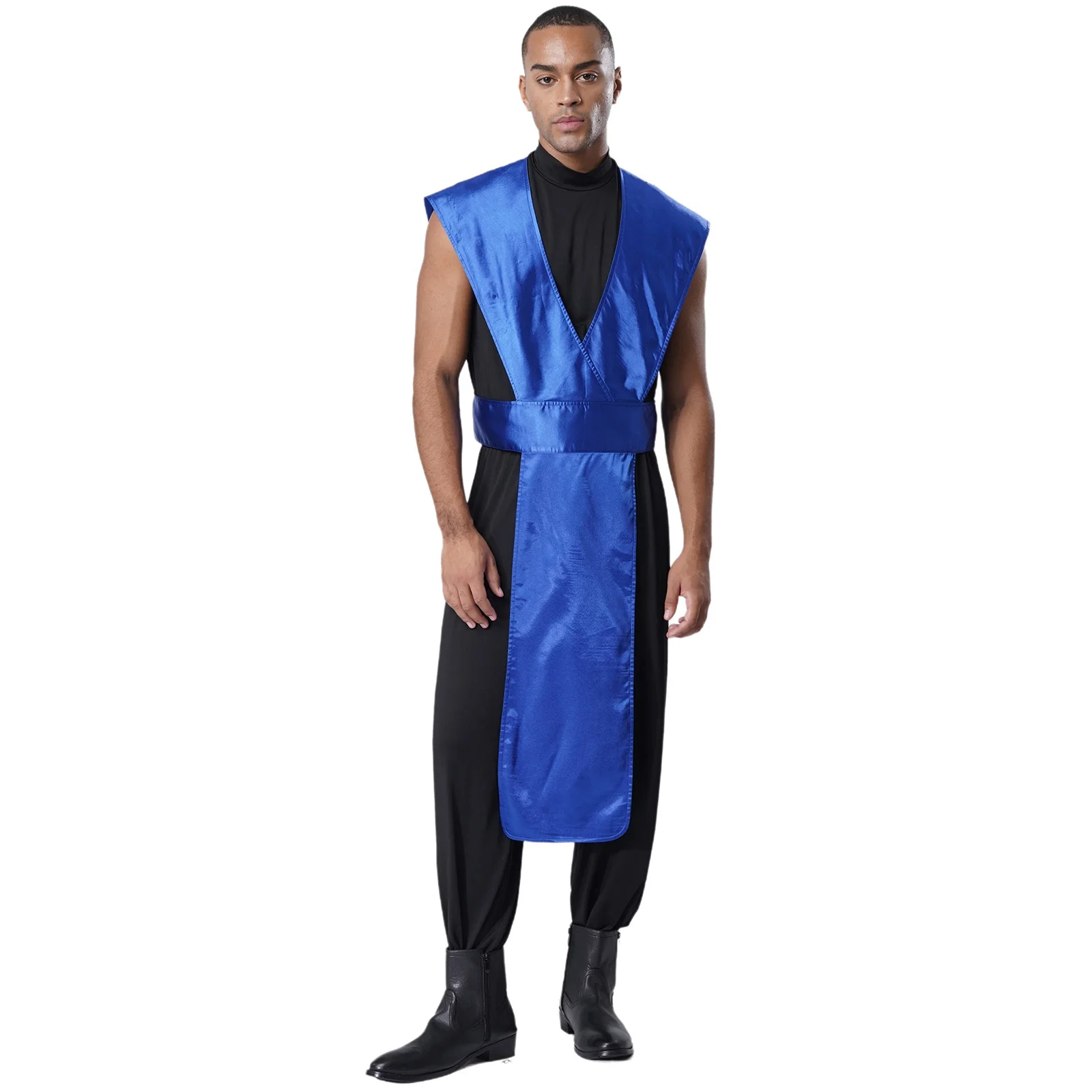 

Men Carnival Warrior Competition Cosplay Outfit Sleeveless Jumpsuit with Satin Cover-up for Festival Gladiator Warrior Costumes