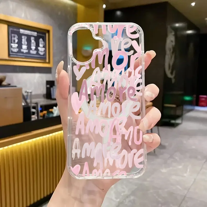Чехол для телефона Amore-Love Romantic Pink Lettering для iPhone 17, 16, 12, 13, 11, 14, 15, Pro Max 7, 8 Plus, магнитный чехол с беспроводной зарядкой
